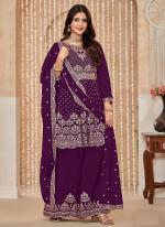 Chiffon Wine Wedding Wear Embroidery Work Plazzo Suit